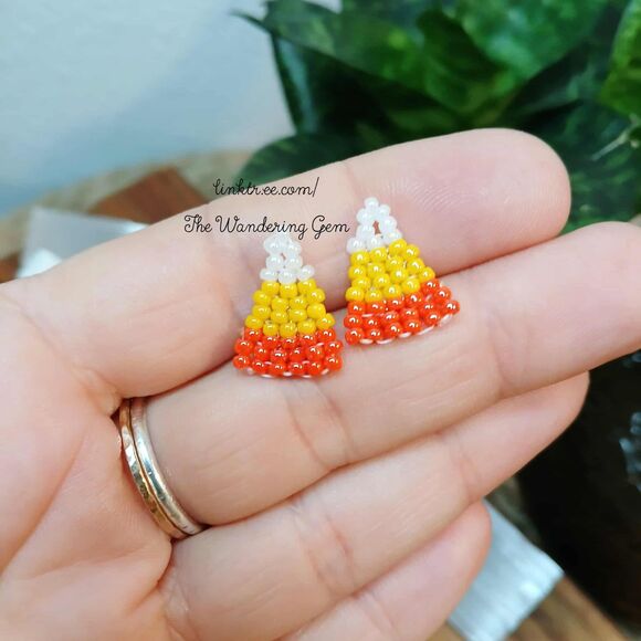 Candy Corn Beaded Stud Earrings, Cute Autumn Jewelry - Picture 4 of 4